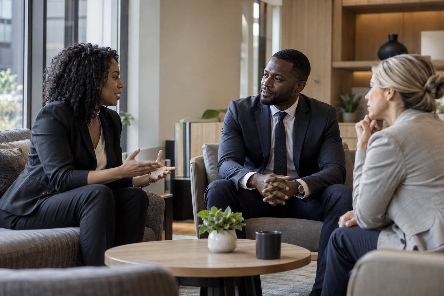 Inside a contemporary insurance firm’s quiet staff lounge, a Black male department manager listens as two colleagues ask questions during a small team briefing,