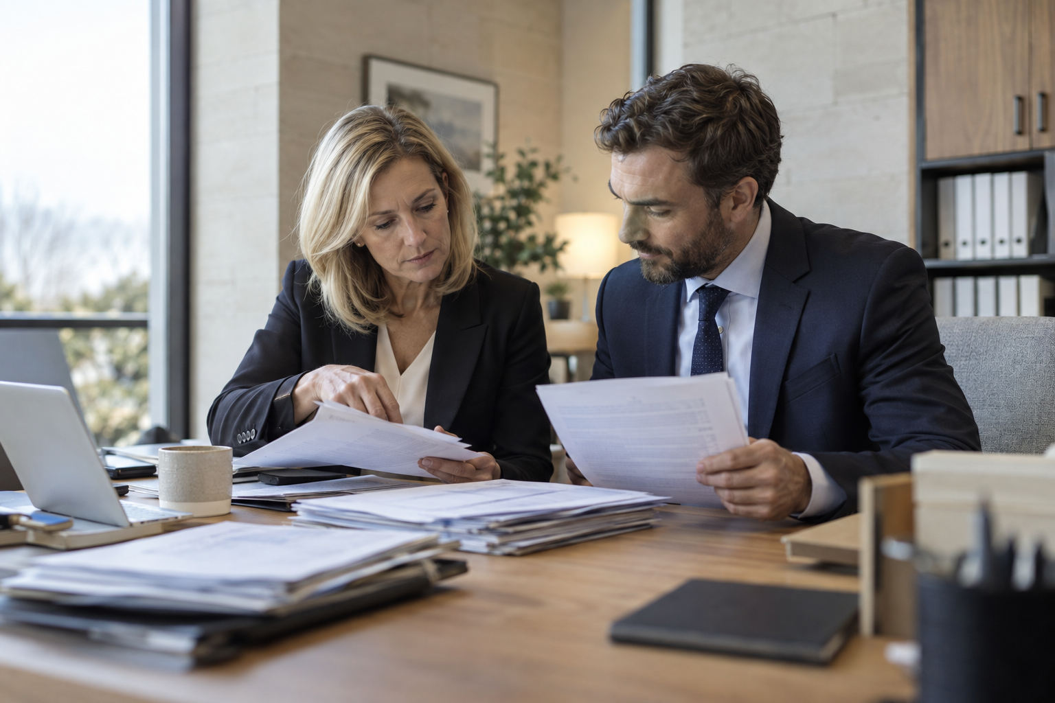 Inside a contemporary manufacturing company’s finance office, a female CFO and a male accounts supervisor examine a small selection of invoice packets, comparin