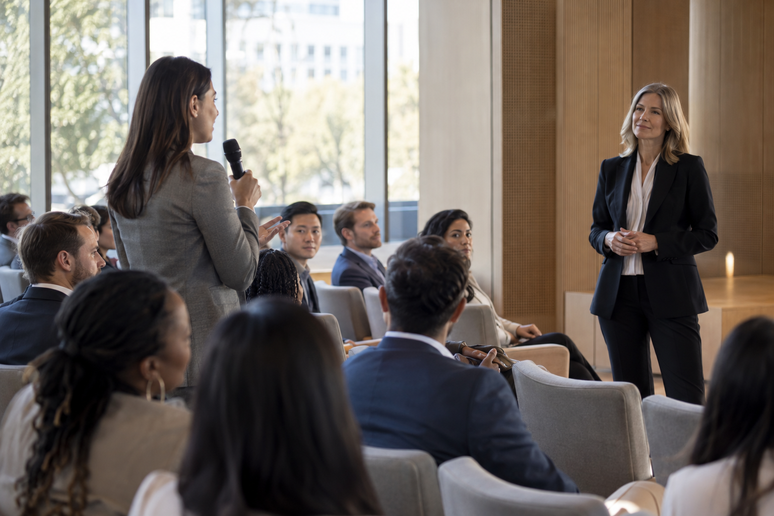 In a contemporary company’s sunlit auditorium, a female chief executive pauses to hear a question from an employee seated among a diverse, attentive team. Tailo