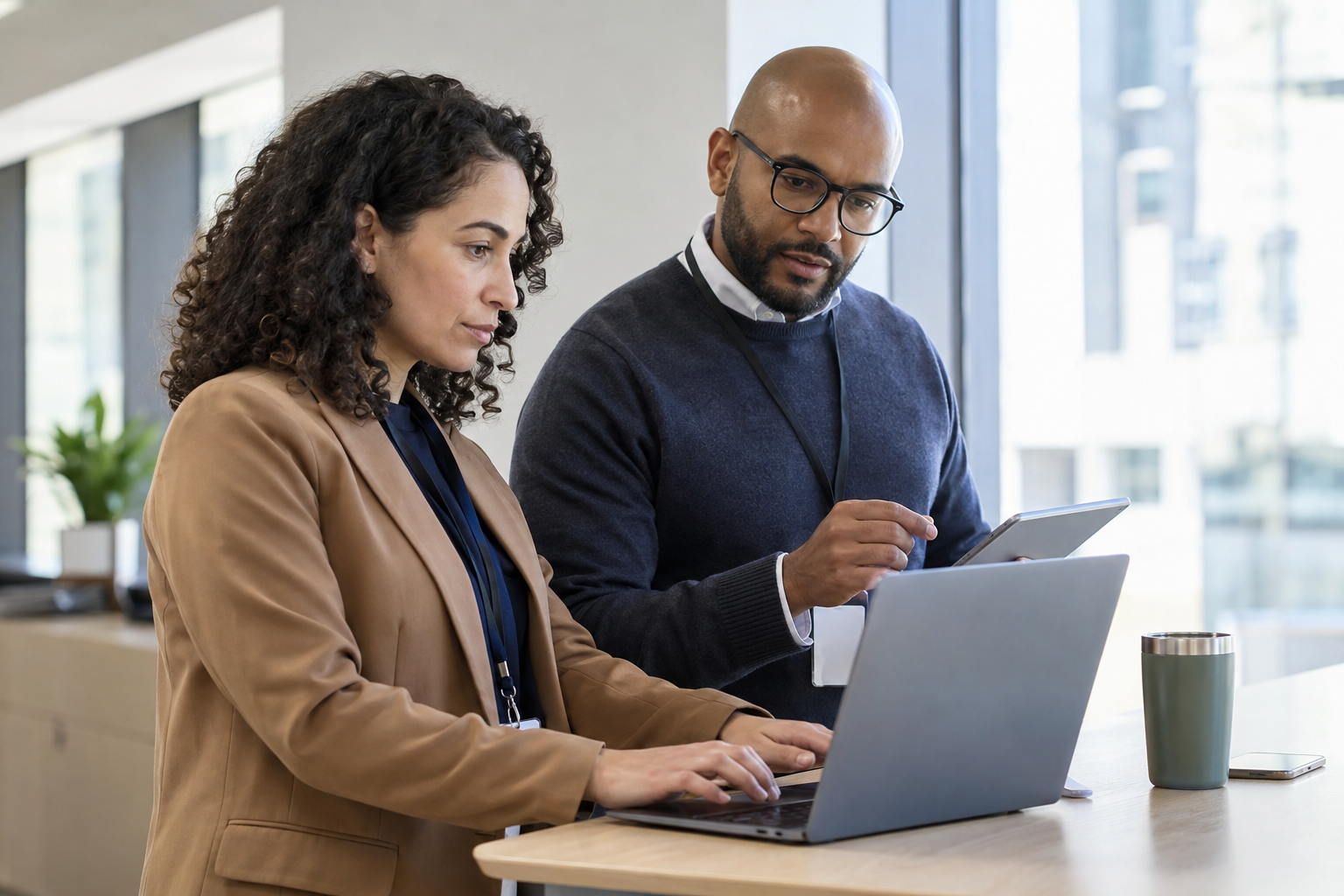 An IT security specialist and finance approver test workflow access permissions using two devices at a workstation.