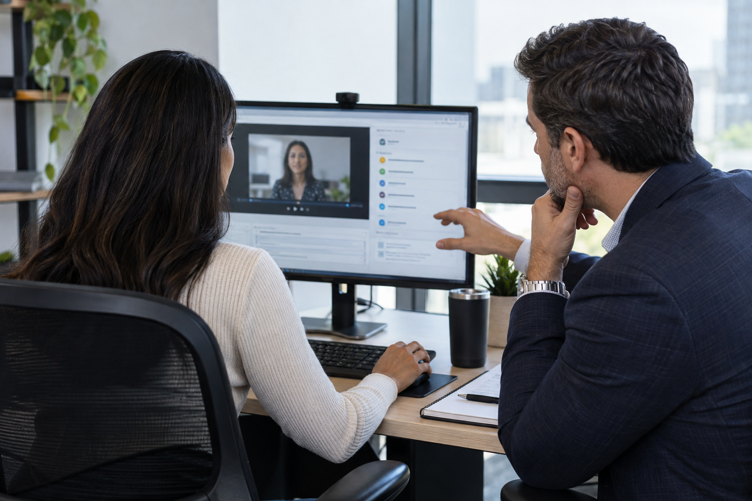 A recruiter and hiring manager review a candidate interview and recruiting workflow together at a desktop workstation.