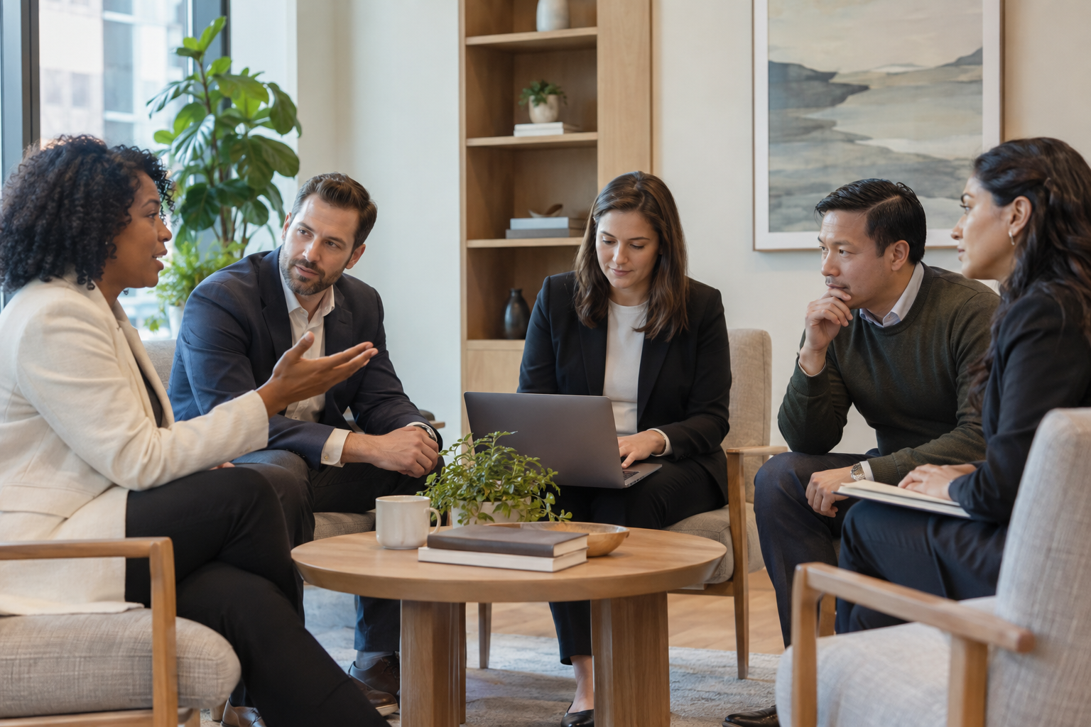 In a software vendor’s understated demonstration suite, five small-business colleagues sit in upholstered chairs as an HR lead tests an approval sequence on a l
