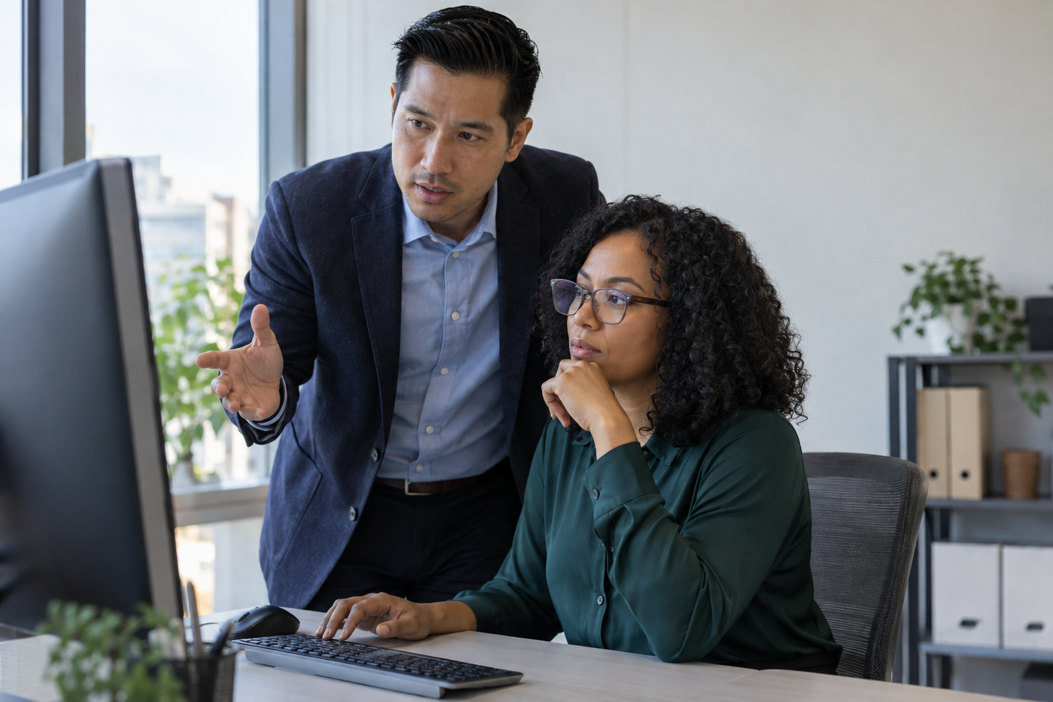 An operations manager and risk specialist assess an AI-assisted workflow together at a desktop computer.