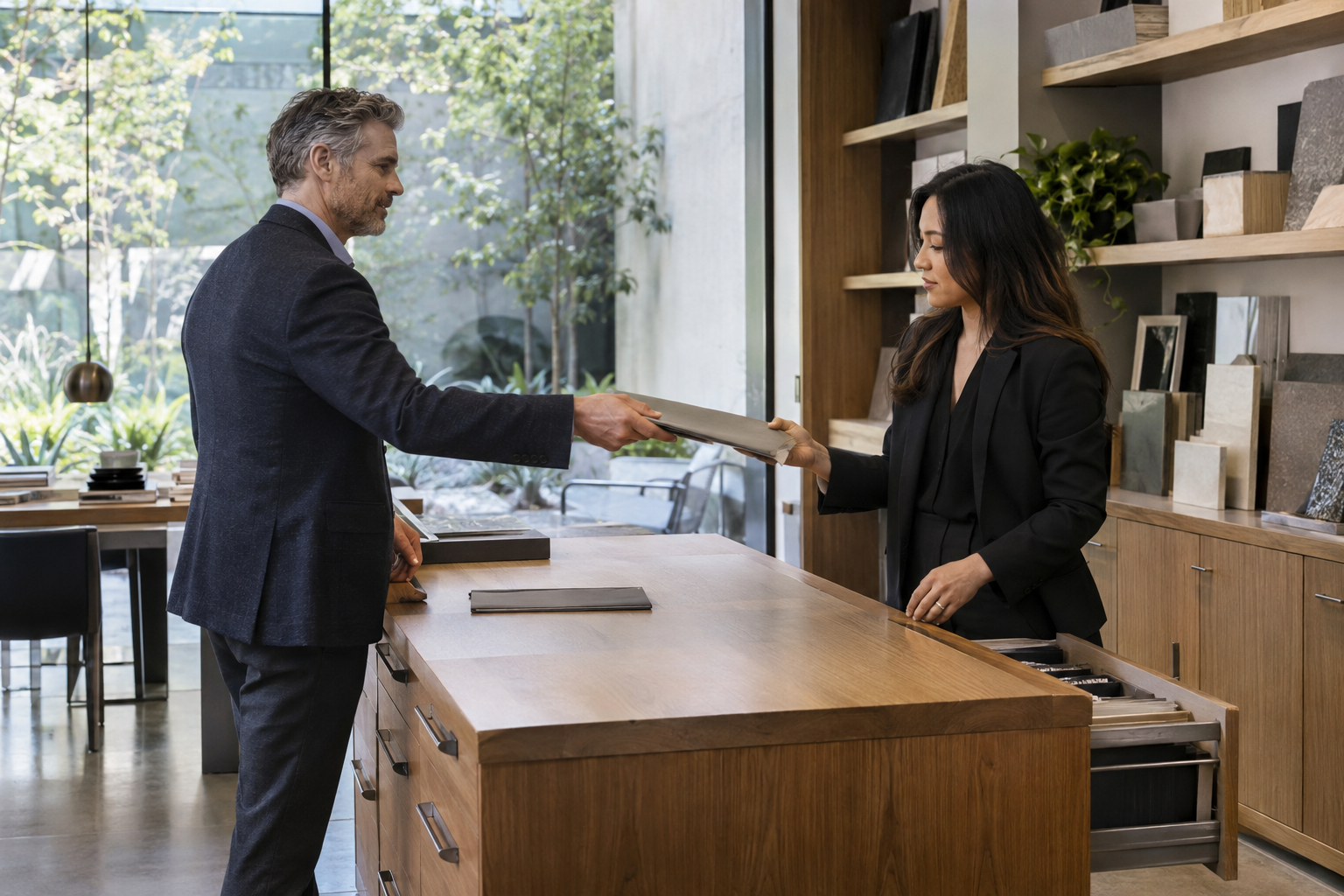Inside a contemporary architecture practice’s materials library, a project director hands a closed document folder to the studio coordinator, who stands beside 