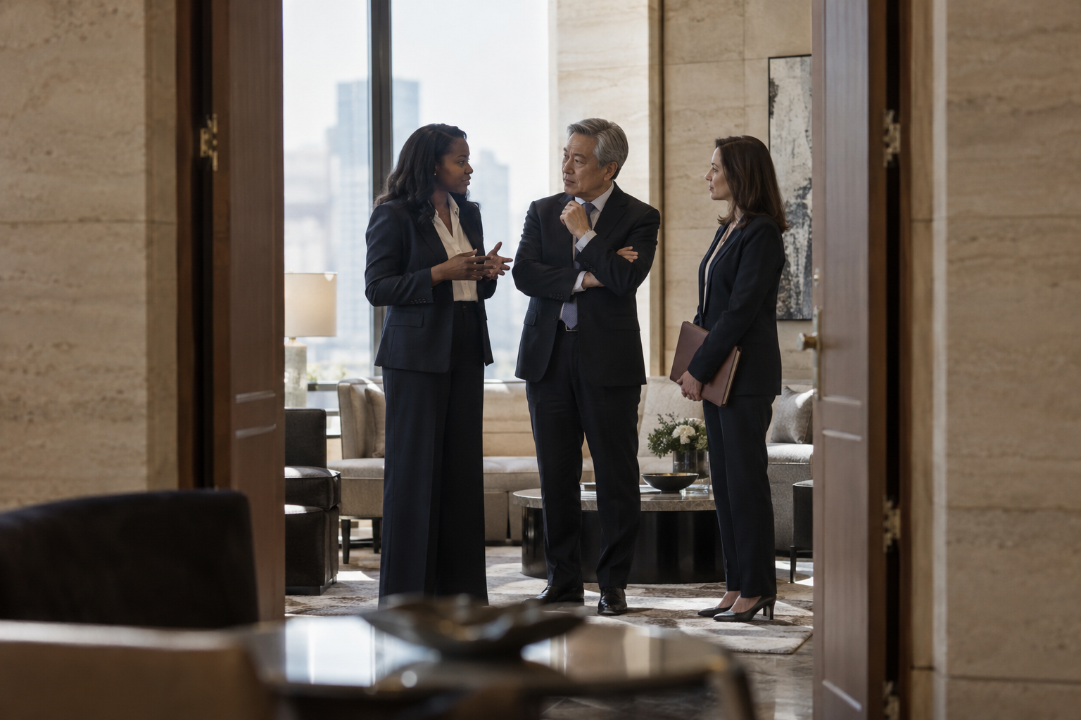 Inside a corporate headquarters’ limestone-lined executive anteroom, a Black female communications director quietly briefs an older Asian male legal counsel bef