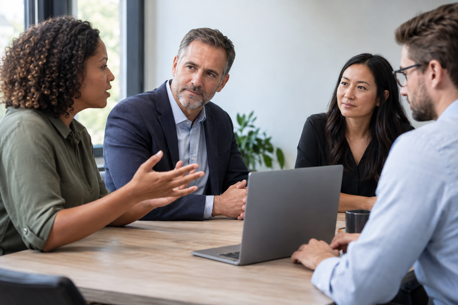 A small-business owner and department leads discuss responsibilities and approval authority while a colleague updates a laptop.
