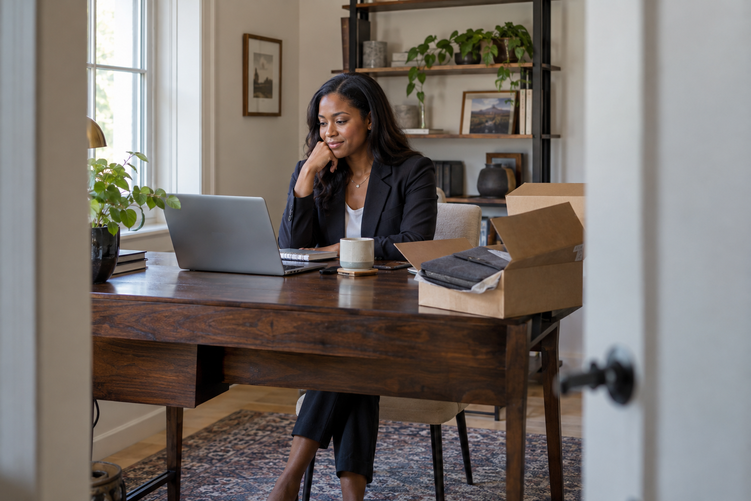 In a thoughtfully furnished apartment study, a newly hired Black woman in tailored business separates listens during an onboarding call, an open laptop incident