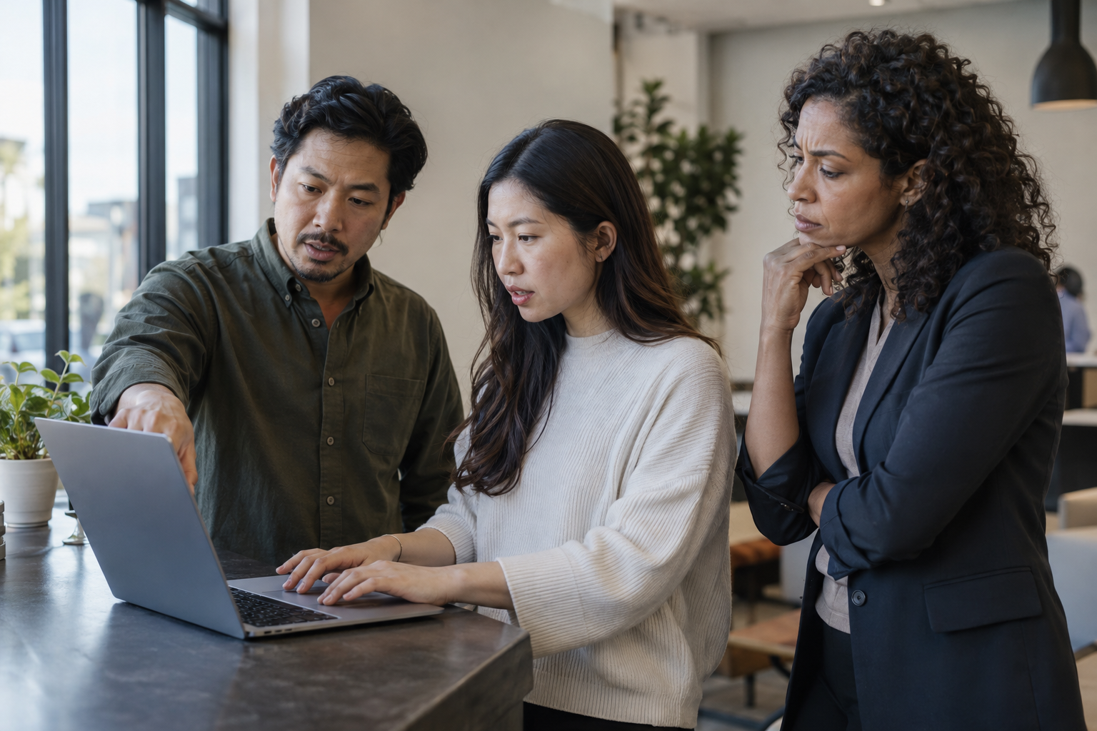 An operations employee pilots an AI-assisted process on a laptop while a colleague flags an exception and the pilot lead listens.