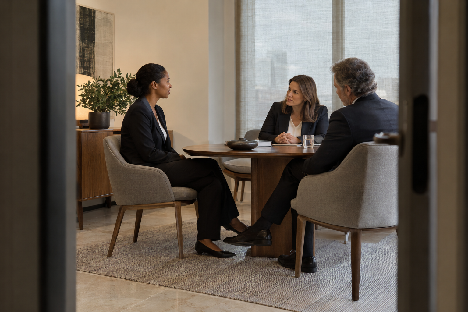 In a multinational company’s discreet HR consultation room, an employee in tailored business separates speaks with an HR adviser while a senior colleague joins 