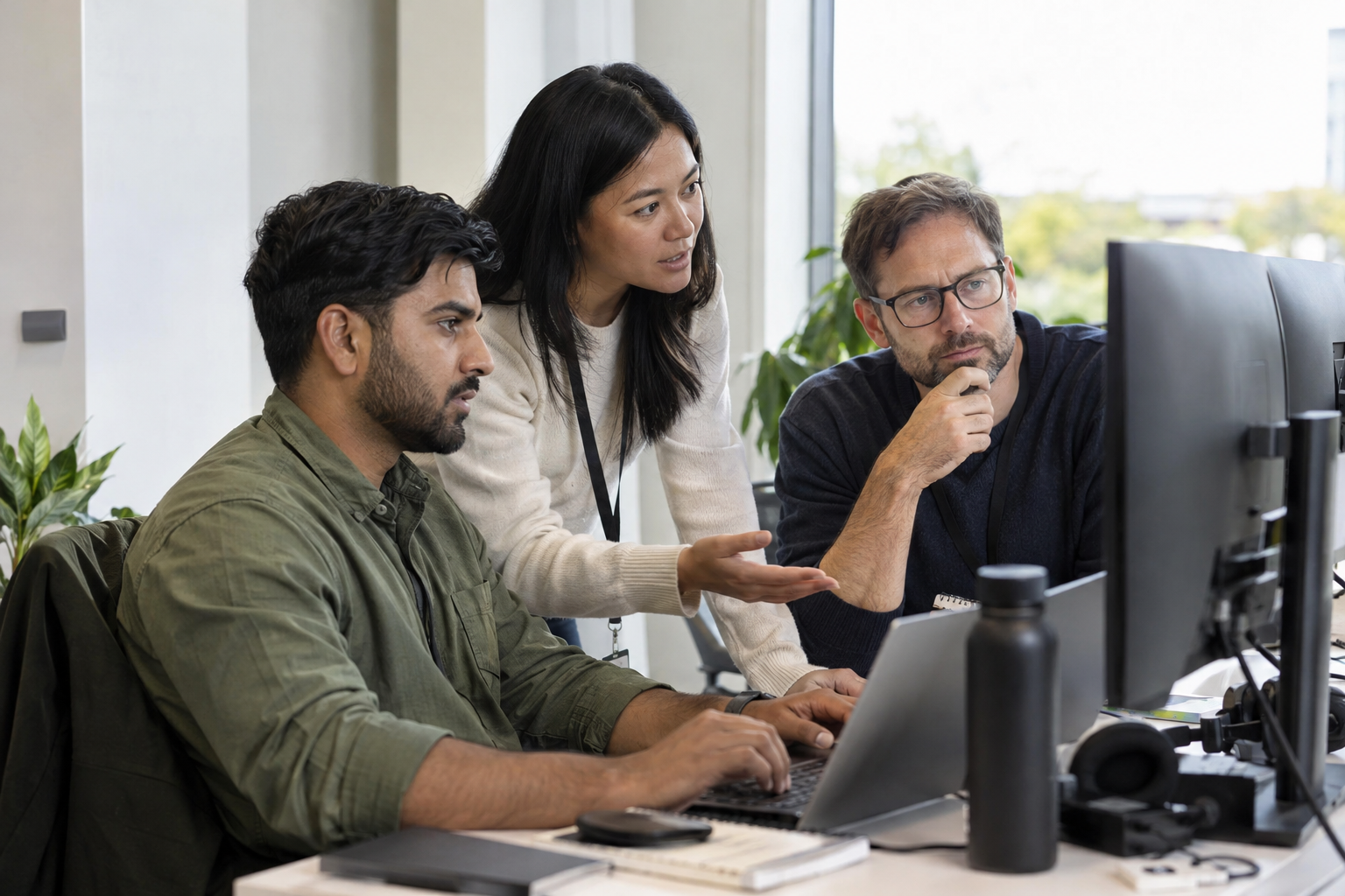 A software tester, release engineer and operations lead test an automated workflow together before launch.