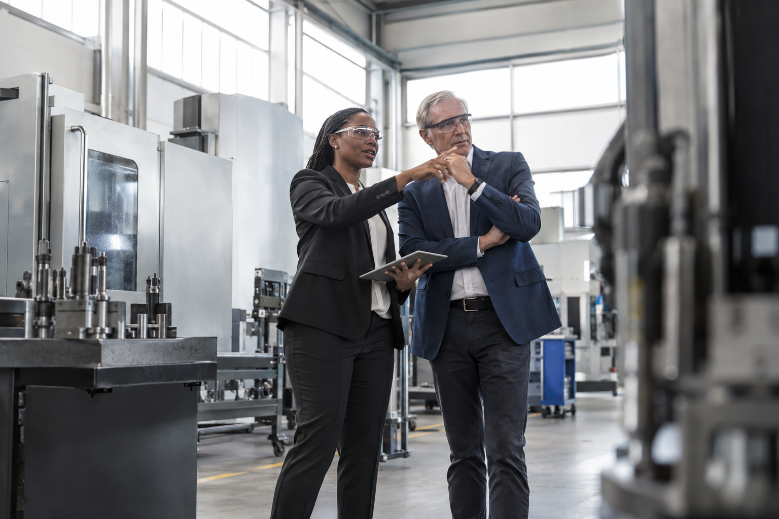 On the spotless production floor of a precision manufacturer, a Black female finance executive and an older male operations director inspect the proposed locati