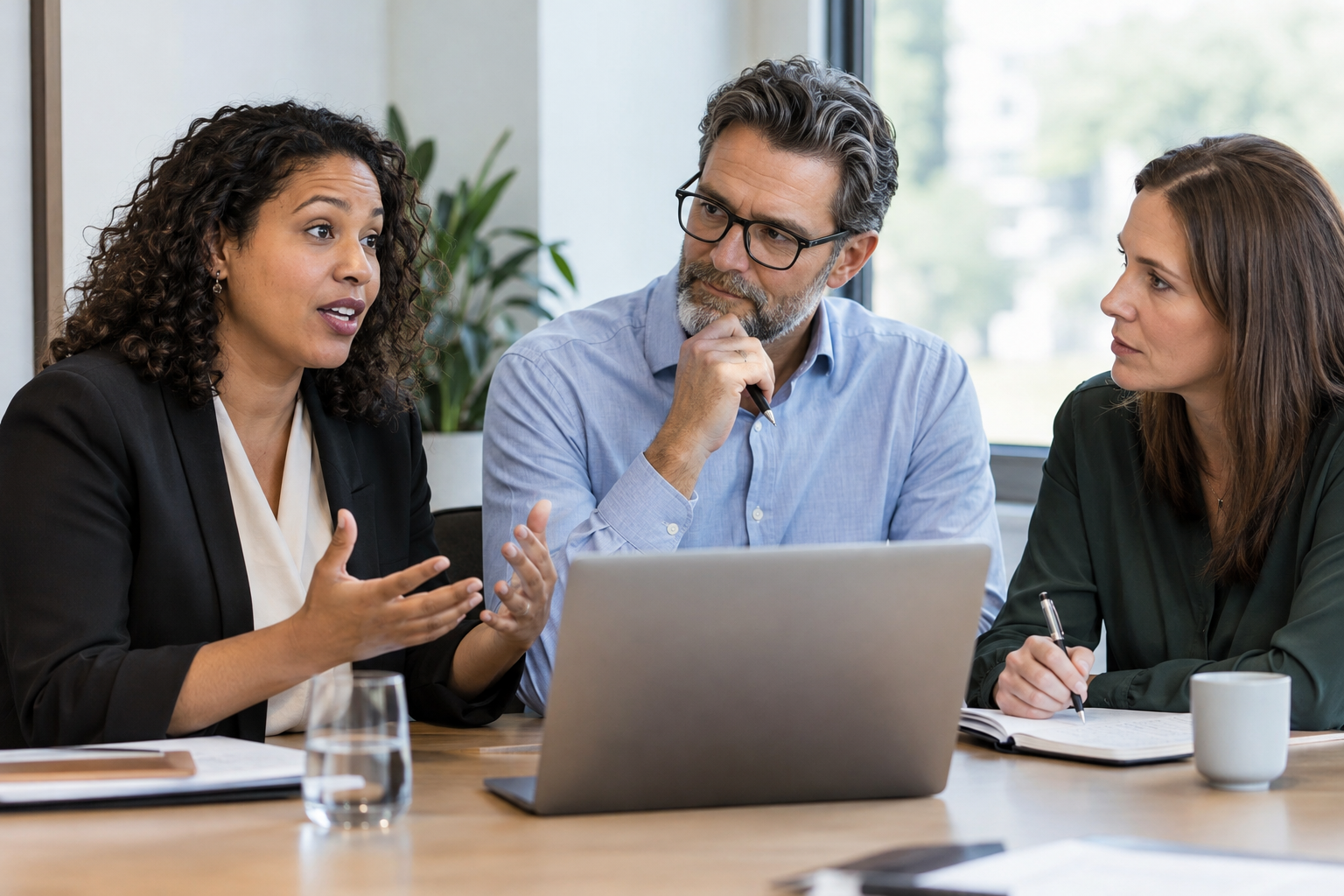 A people director and two department heads discuss staffing needs and management responsibilities with a laptop.