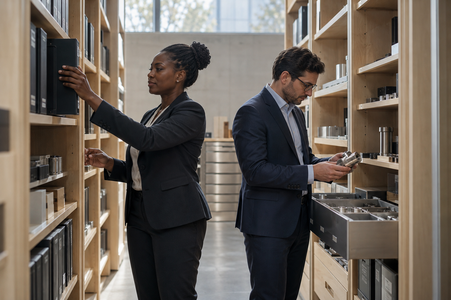 In a contemporary manufacturing company’s materials archive, a Black female quality director returns a closed approval folder to its designated shelf while a ma