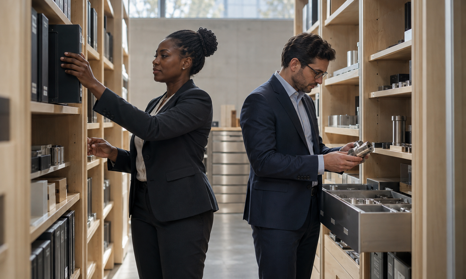 In a contemporary manufacturing company’s materials archive, a Black female quality director returns a closed approval folder to its designated shelf while a ma