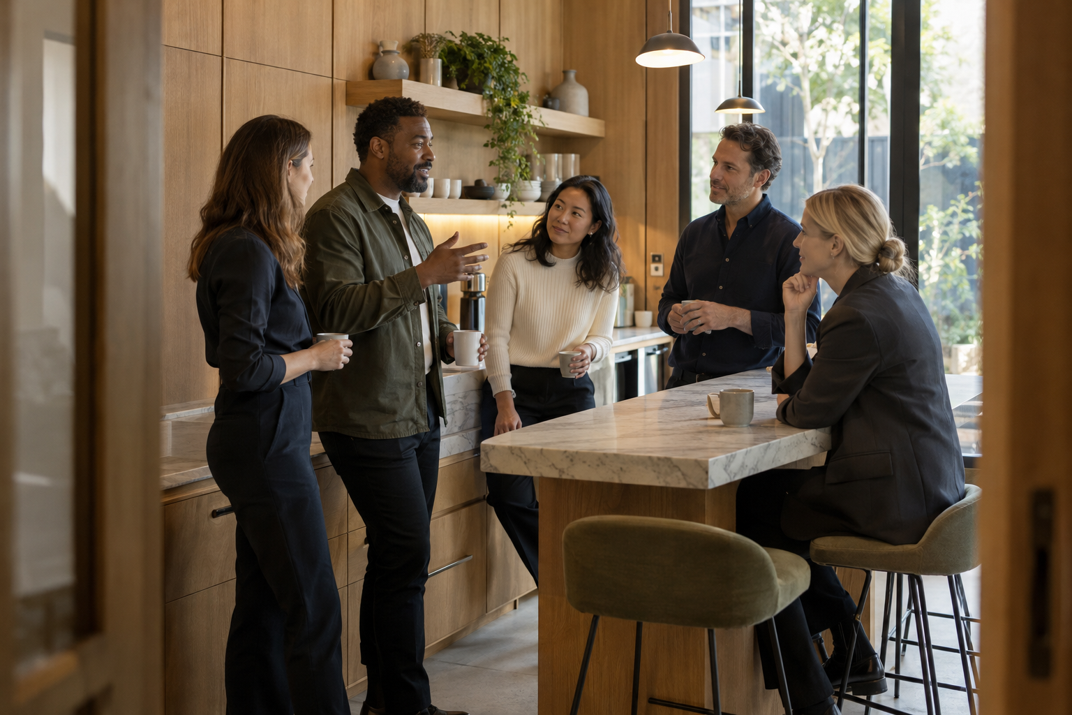 Inside a small design agency’s oak-lined studio kitchen, five colleagues in contemporary business attire gather for a brief morning check-in, one speaking while