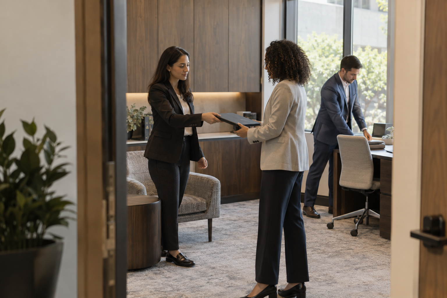 Inside a contemporary company’s quiet HR office, an HR coordinator hands a closed employee folder to a colleague while a third prepares an unoccupied workstatio