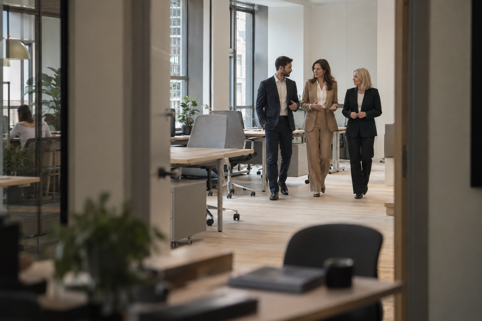 In a growing design consultancy’s newly leased office wing, an HR director and two department leaders walk through a furnished but not yet occupied workspace, q