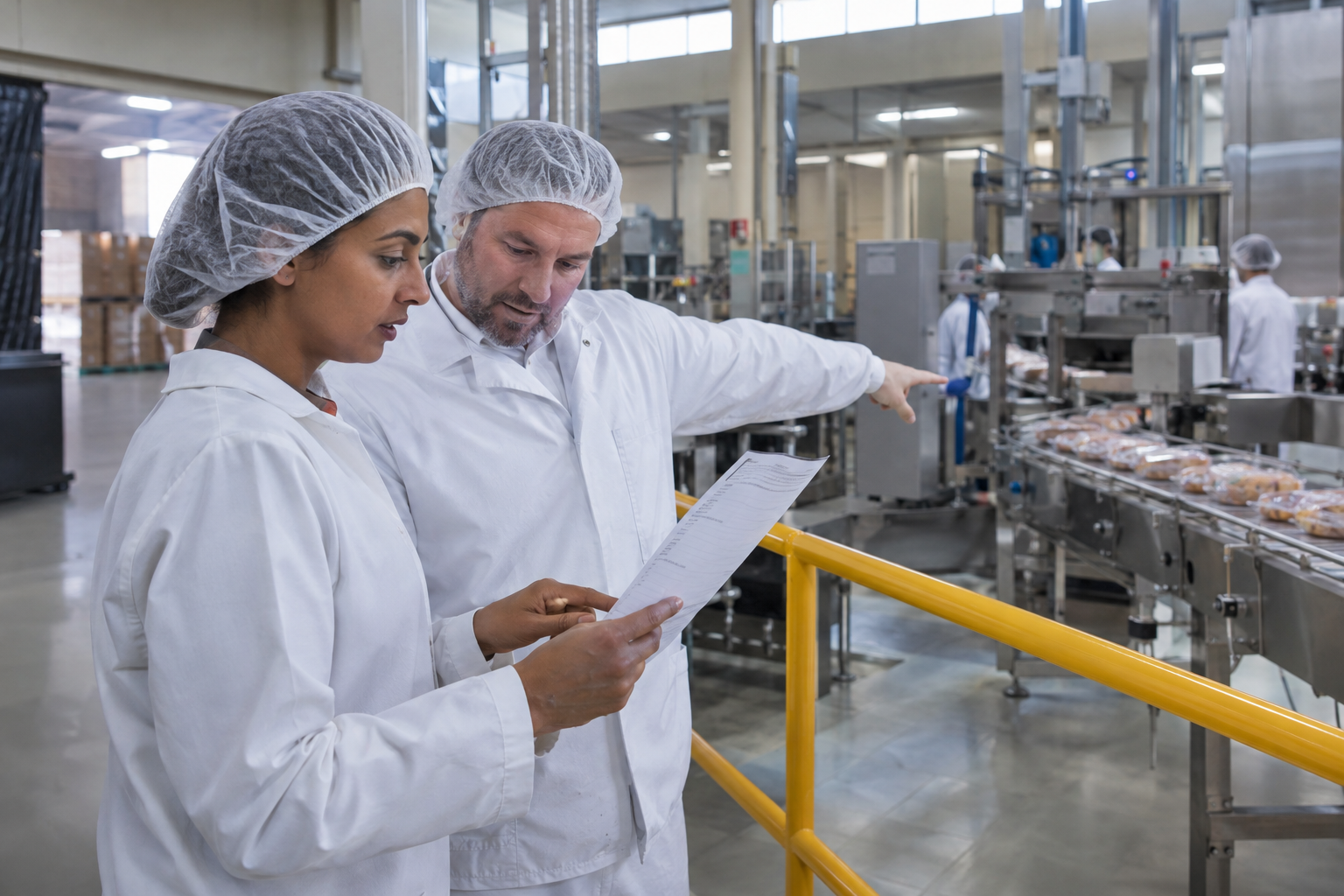 At a contemporary food producer’s immaculate packing-floor entrance, two shift leads in clean workwear and hairnets review a paper handover sheet, one indicatin