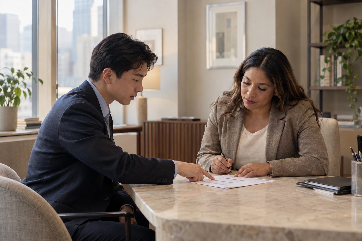 Inside a contemporary publishing company’s quiet HR office, an East Asian employee and a Latina personnel specialist review a single paper form, its print unrea
