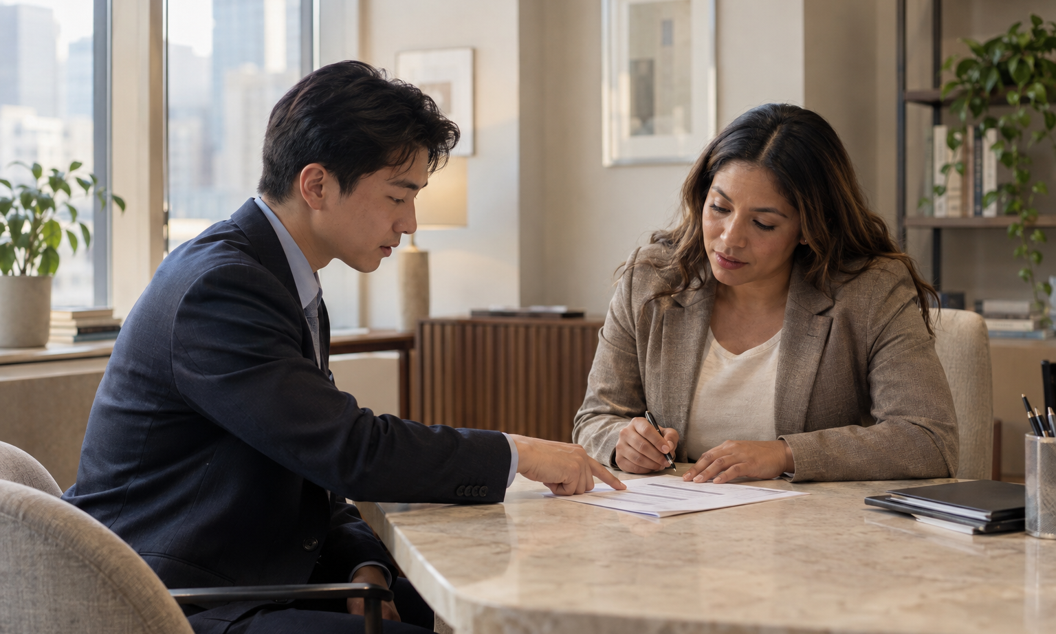 Inside a contemporary publishing company’s quiet HR office, an East Asian employee and a Latina personnel specialist review a single paper form, its print unrea