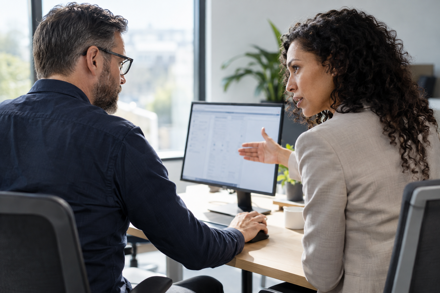 A business-process owner and risk specialist review an AI agent’s access limits and approval requirements at a desktop workstation.