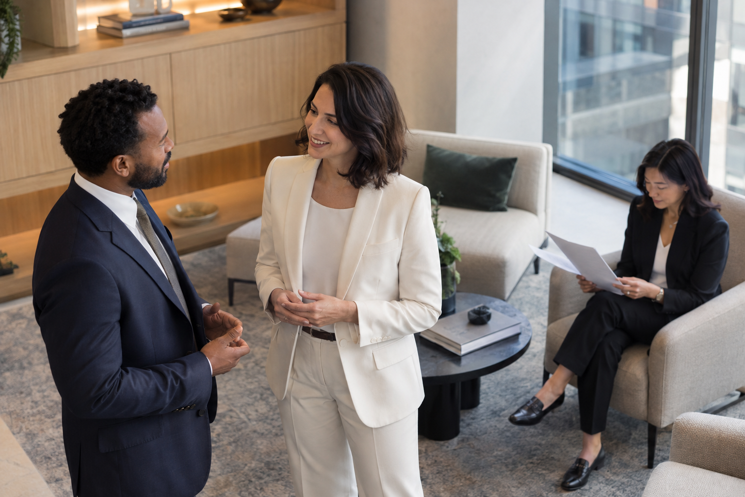 In a contemporary consulting office’s quiet lounge, two colleagues in tailored business attire have a brief standing conversation beside a seated colleague inde