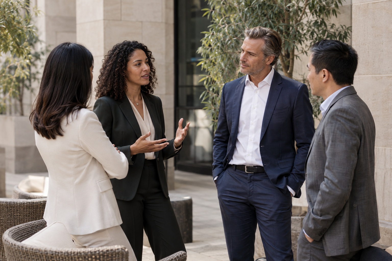 In a contemporary headquarters’ limestone-lined courtyard, a department leader pauses during a small standing team conversation as a younger colleague offers a 