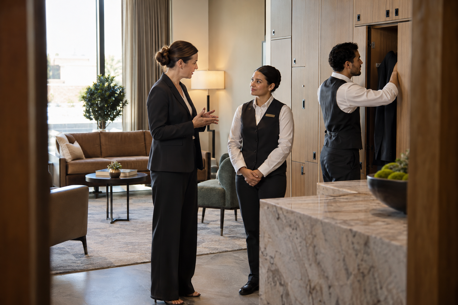 In a contemporary boutique hotel’s staff lounge, a manager in tailored separates quietly briefs two hospitality team members before their shift; one acknowledge