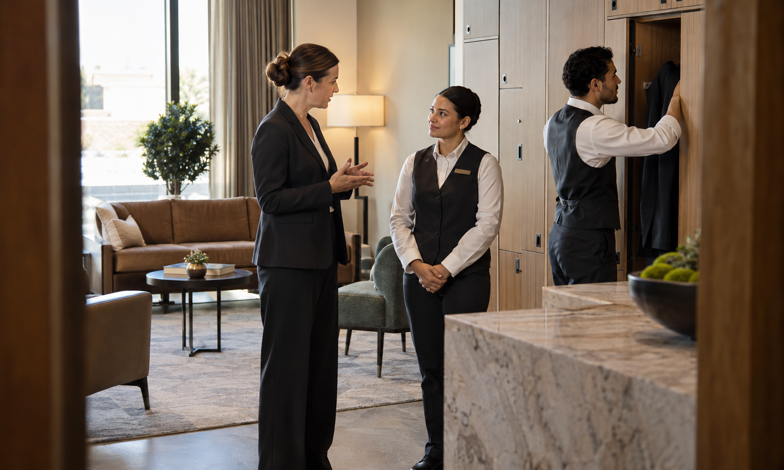 In a contemporary boutique hotel’s staff lounge, a manager in tailored separates quietly briefs two hospitality team members before their shift; one acknowledge