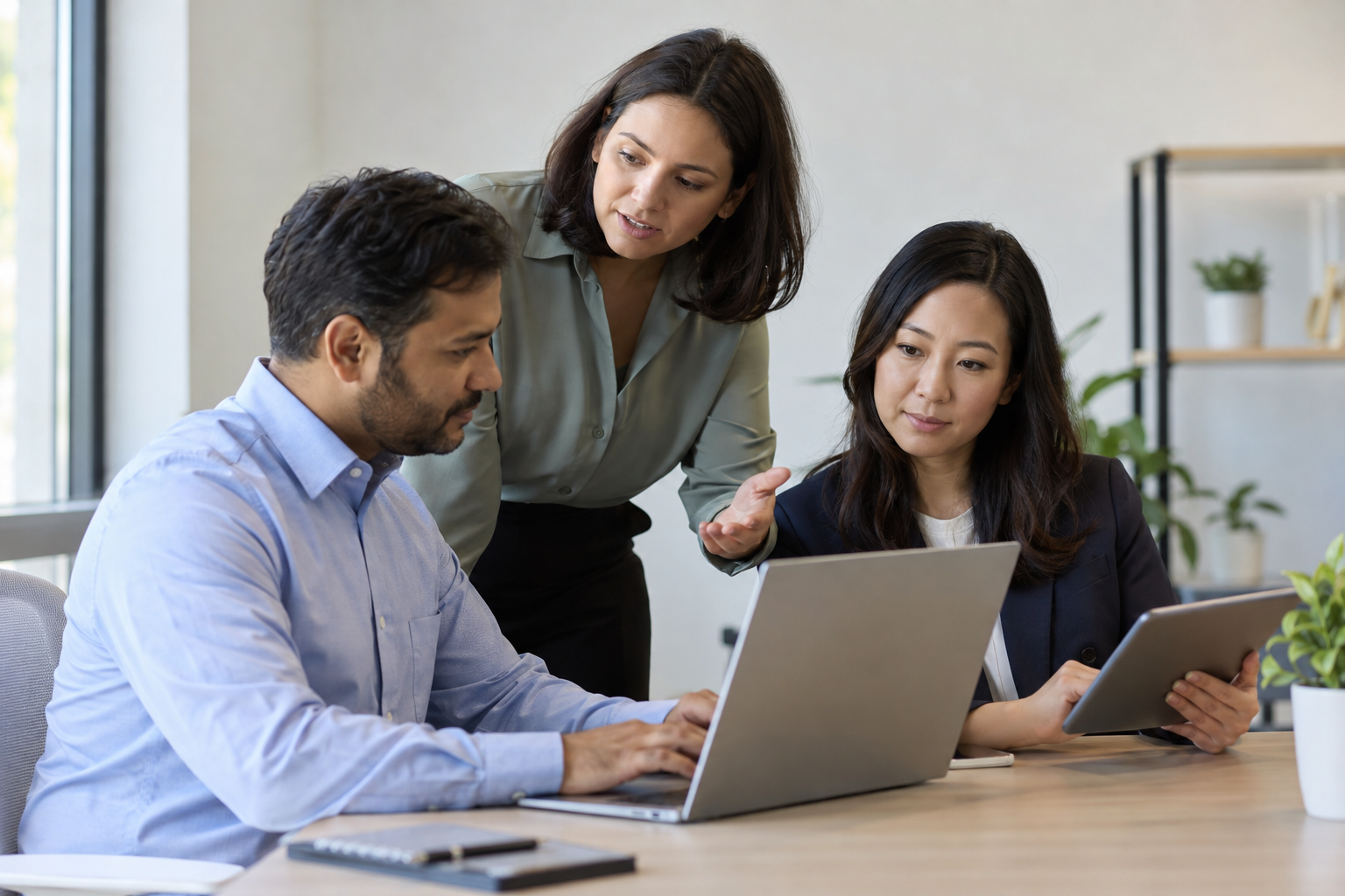 Three colleagues test a digital onboarding workflow using a computer and tablet while discussing responsibility for the next handoff.
