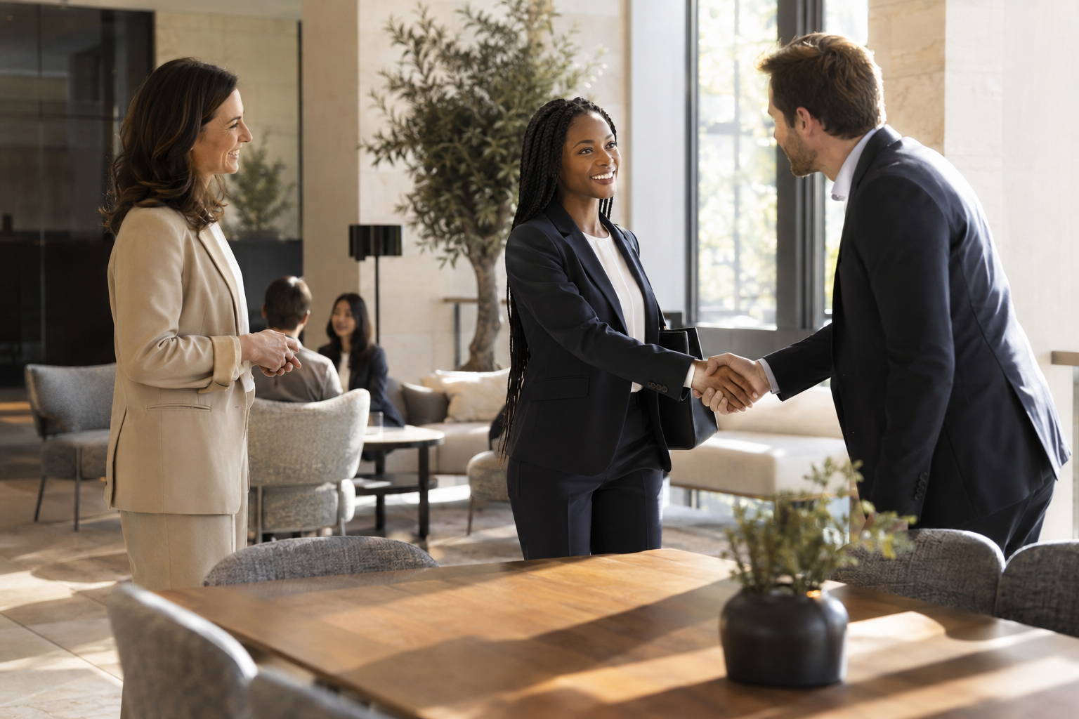 In a consulting firm’s sunlit staff lounge, an HR partner introduces a newly hired Black female consultant to her team leader, who rises from an oak table to gr