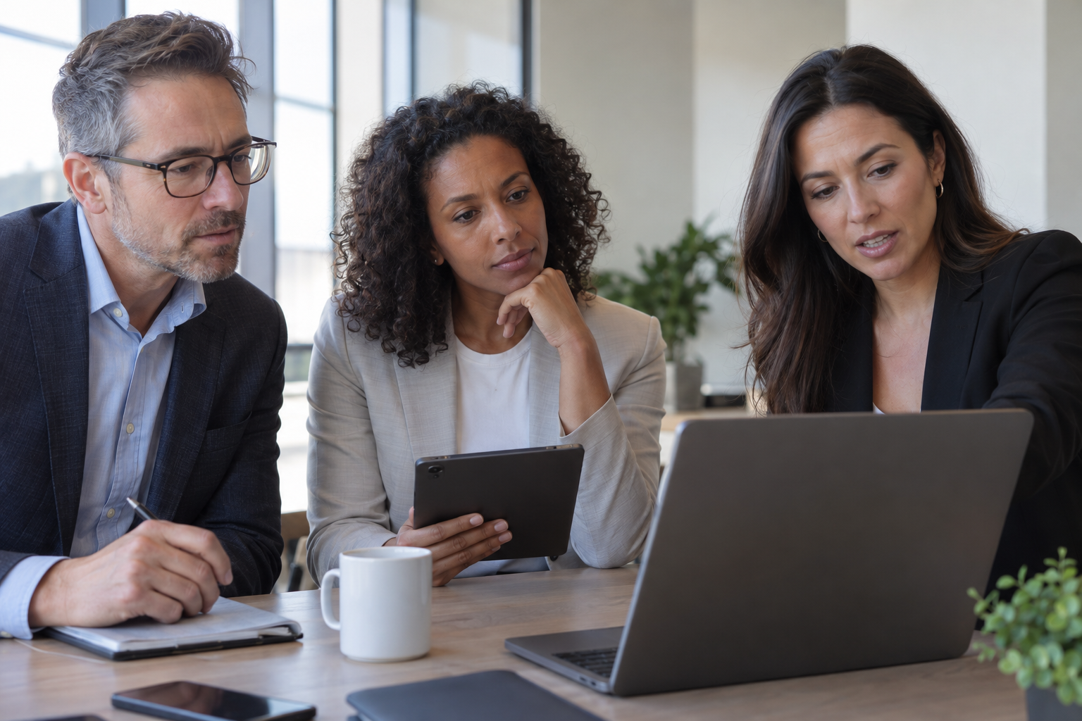 HR and operations buyers question a software vendor during a laptop demo, with one buyer checking evaluation criteria on a tablet.