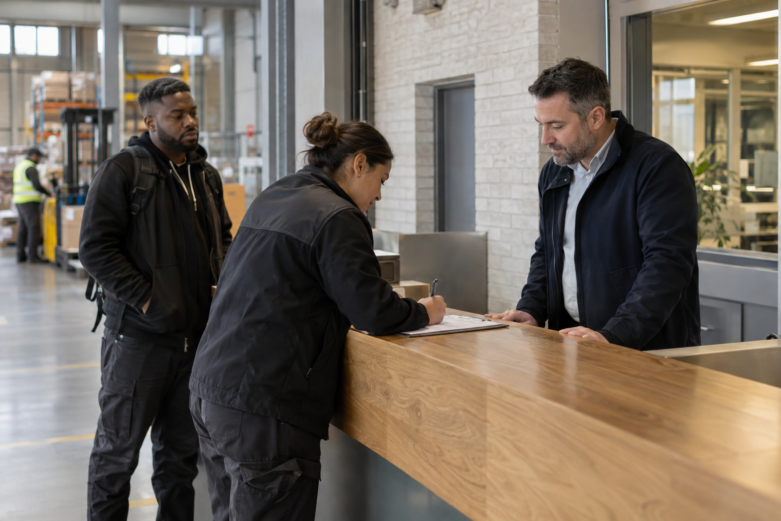 At a modern distribution center’s staff entrance, an operations supervisor in a tailored navy jacket oversees an arriving employee recording shift hours on a pa