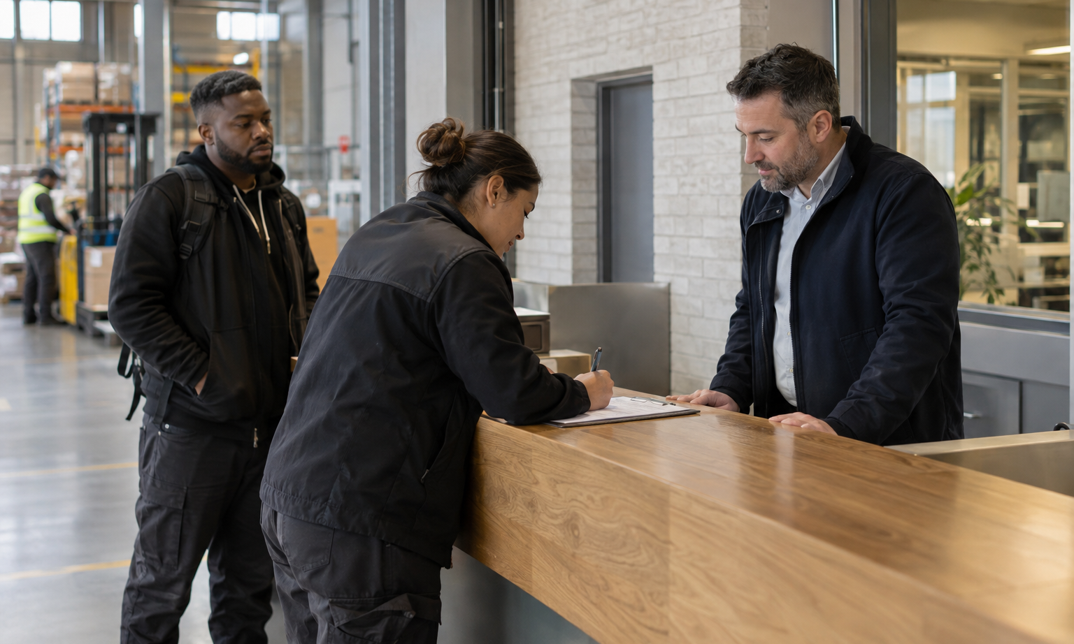 At a modern distribution center’s staff entrance, an operations supervisor in a tailored navy jacket oversees an arriving employee recording shift hours on a pa