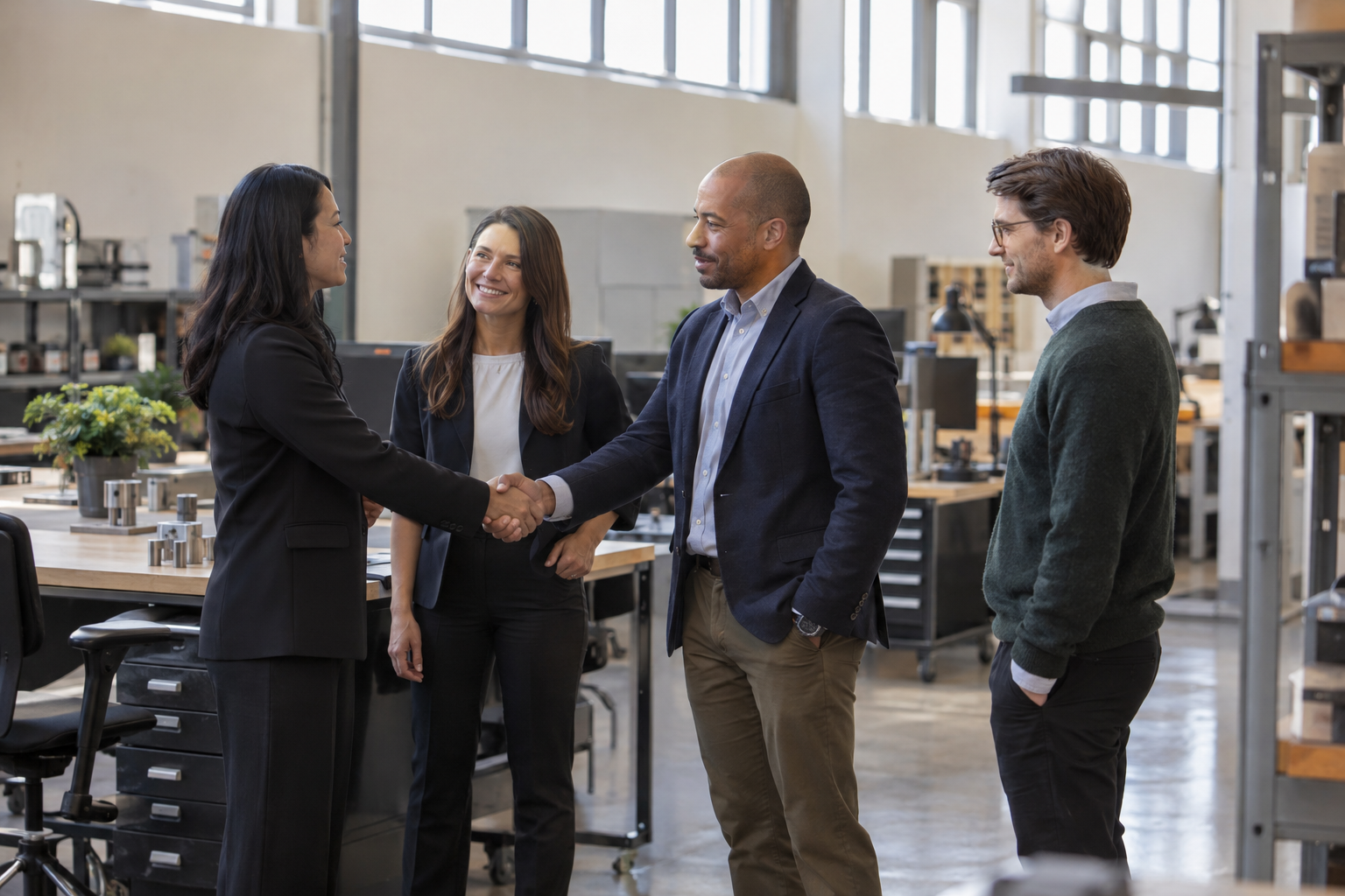 At a boutique engineering firm’s open studio, an operations director introduces a newly appointed team lead to two colleagues beside their neatly arranged workb