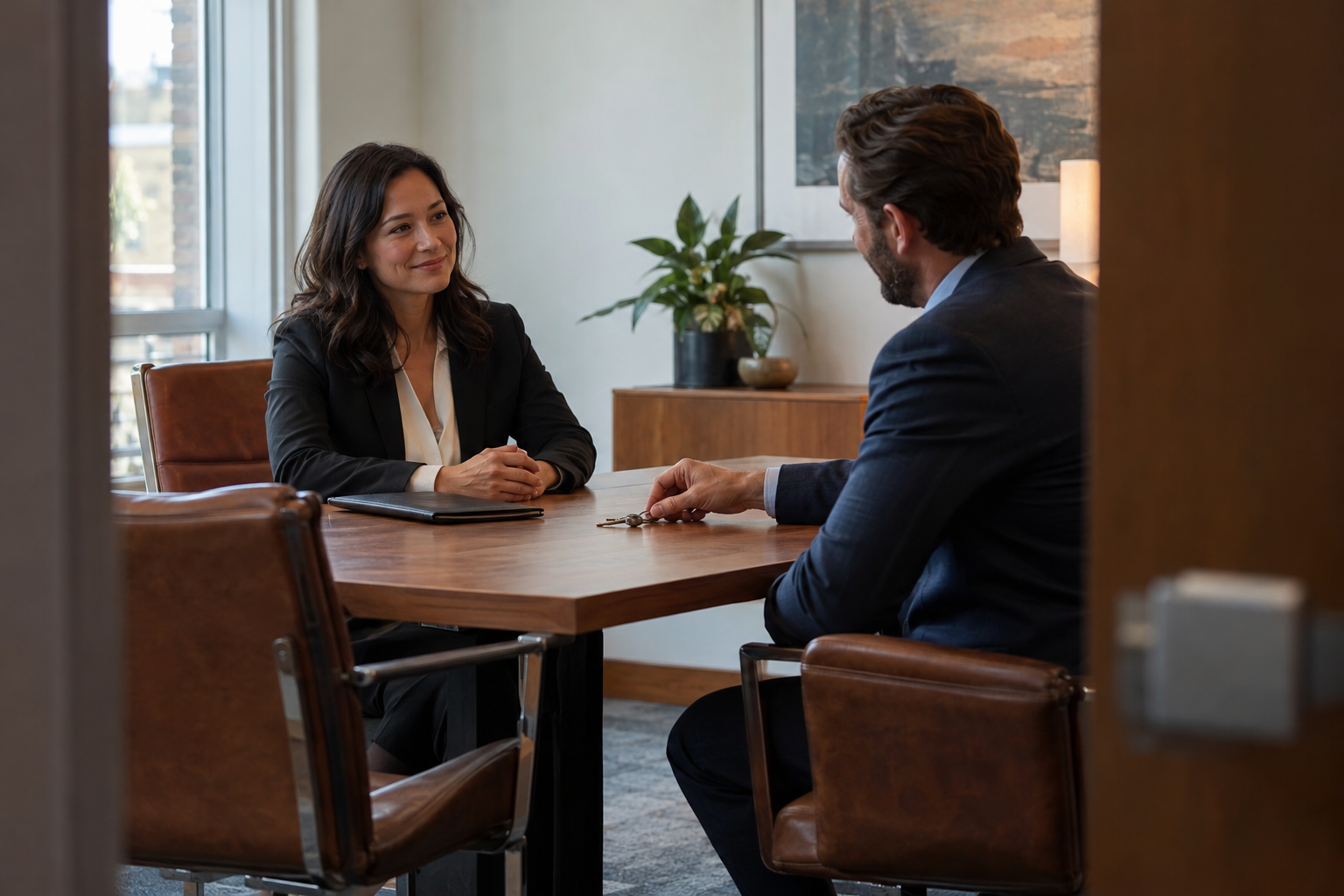 In a small consultancy’s quiet meeting room, a departing employee slides an office key across an oak table to an HR manager during a cordial final conversation.