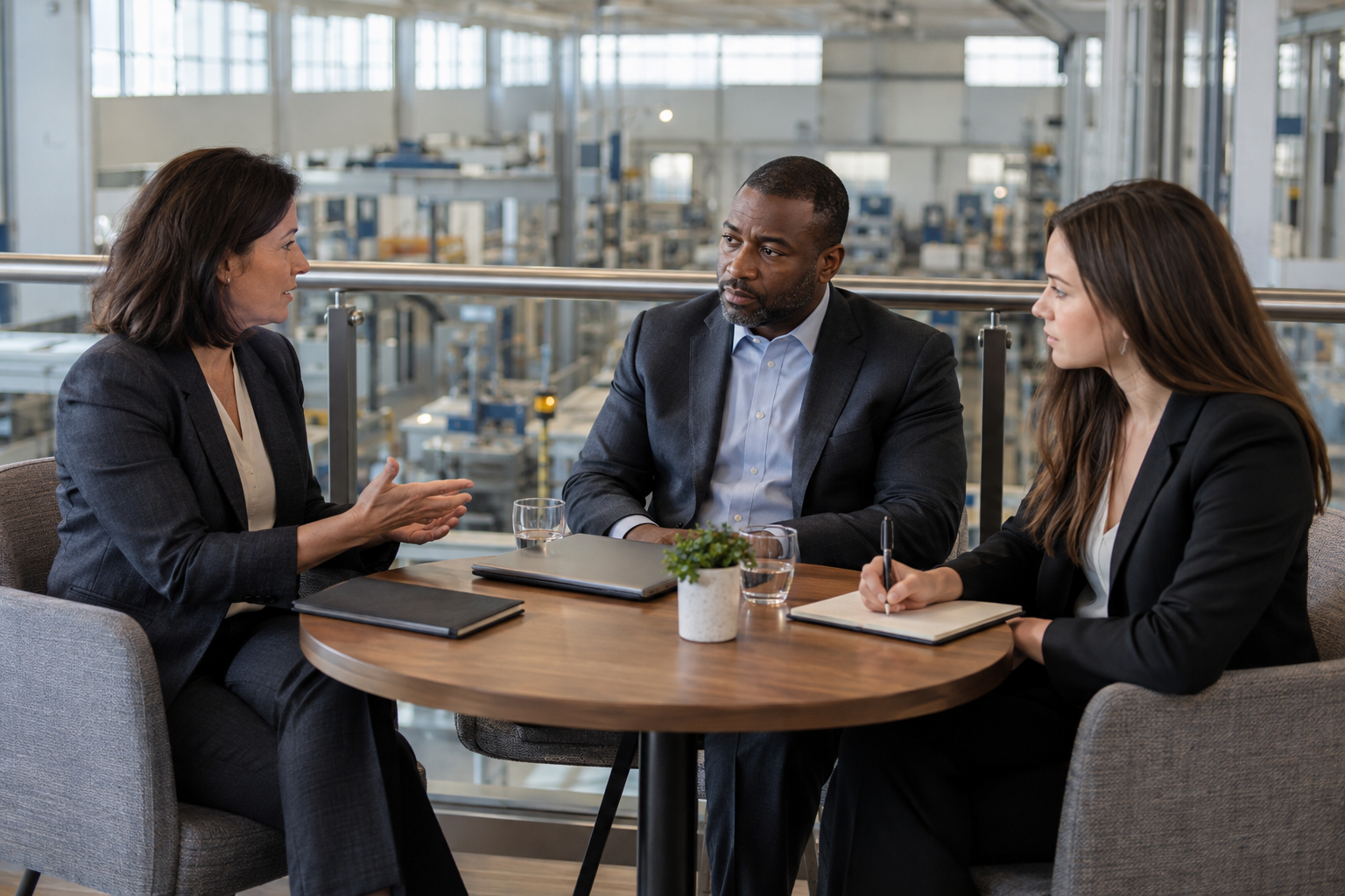 On a manufacturing headquarters’ quiet mezzanine overlooking the production floor, a female plant director discusses an additional supervisory hire with a male 