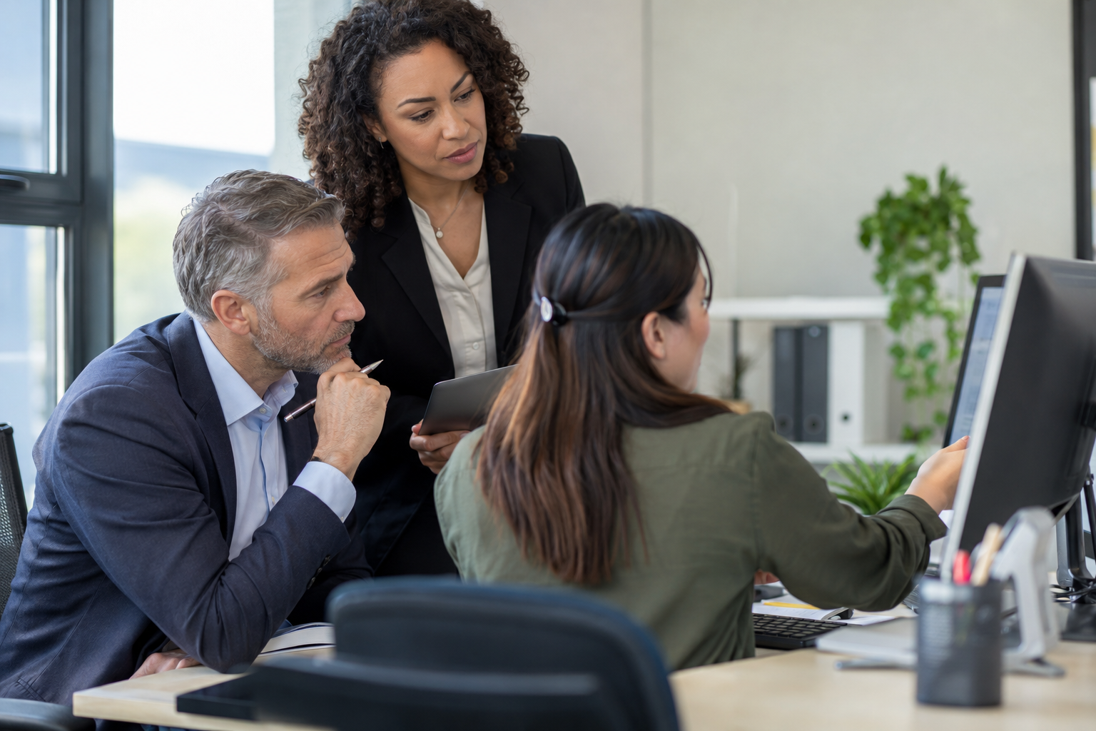 A procurement director reviews final vendor approval with compliance and supplier-data colleagues at a desktop workstation.