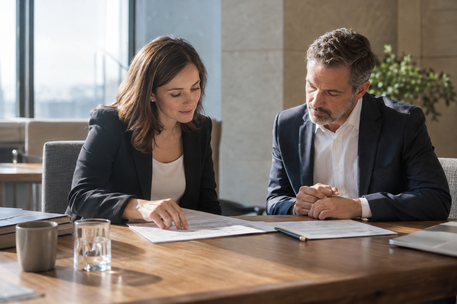 At a contemporary engineering consultancy’s oak meeting table, a payroll specialist and a project director quietly reconcile weekly hours before approval, compa