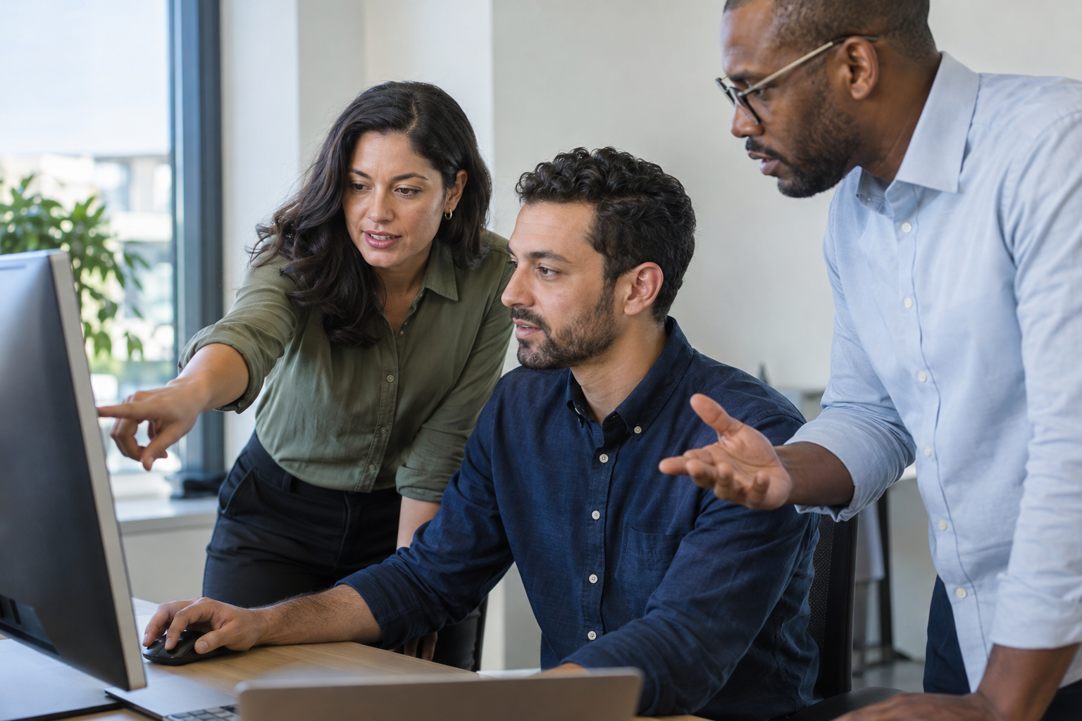 An automation specialist demonstrates a digital process to two operations colleagues gathered beside a working computer.