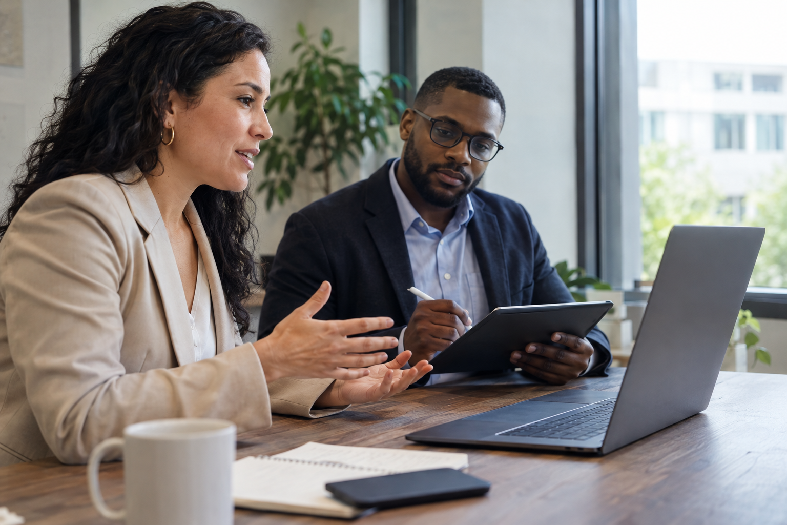 A recruiter conducts a video interview on a laptop while a colleague listens and records assessment notes on a tablet.