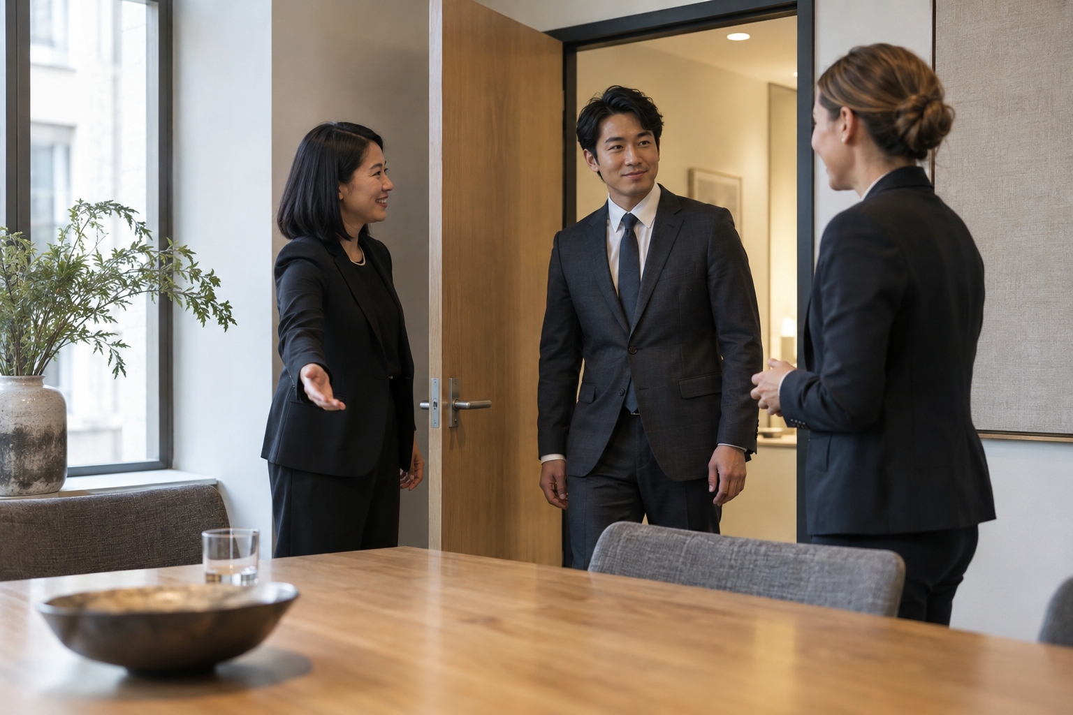 At a small consultancy’s quiet meeting-room doorway, an East Asian hiring manager introduces a candidate in a charcoal suit to a colleague waiting beside an oak