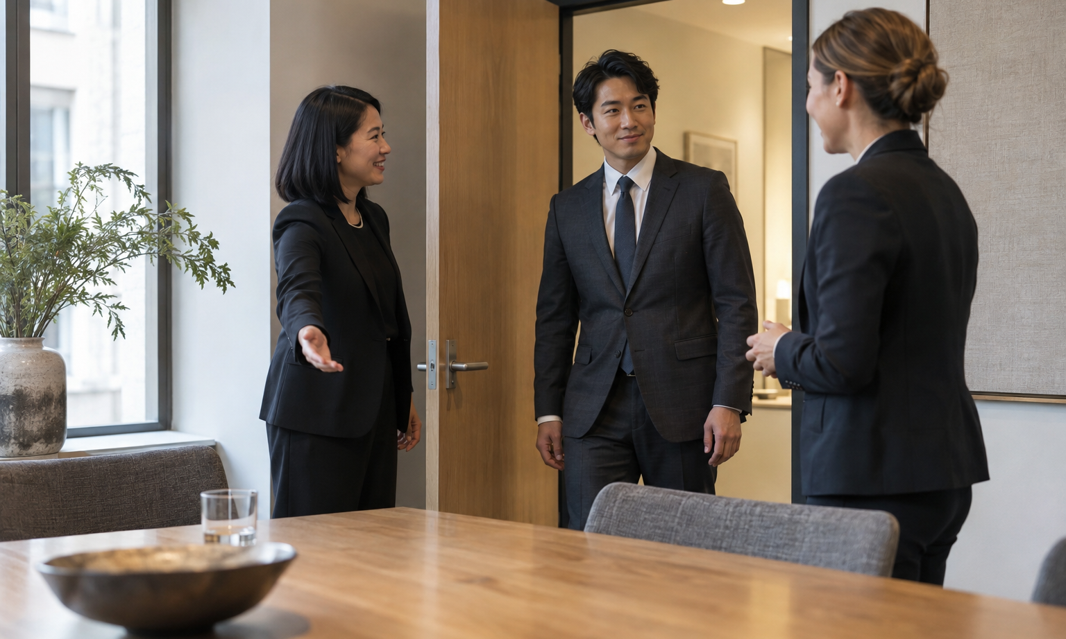 At a small consultancy’s quiet meeting-room doorway, an East Asian hiring manager introduces a candidate in a charcoal suit to a colleague waiting beside an oak