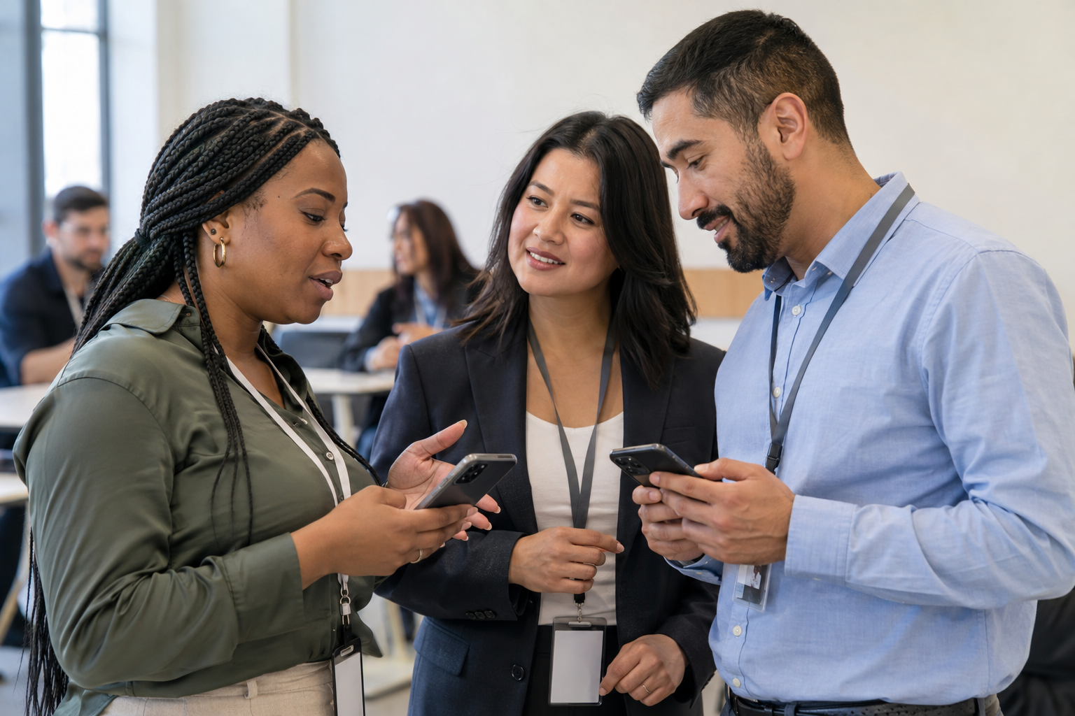 A communications lead and two frontline colleagues test translated workplace messages on smartphones in a staff training area.