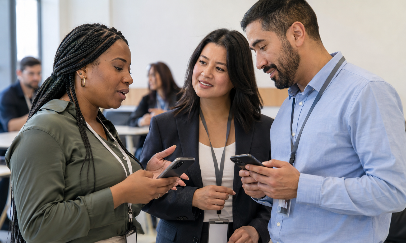 A communications lead and two frontline colleagues test translated workplace messages on smartphones in a staff training area.