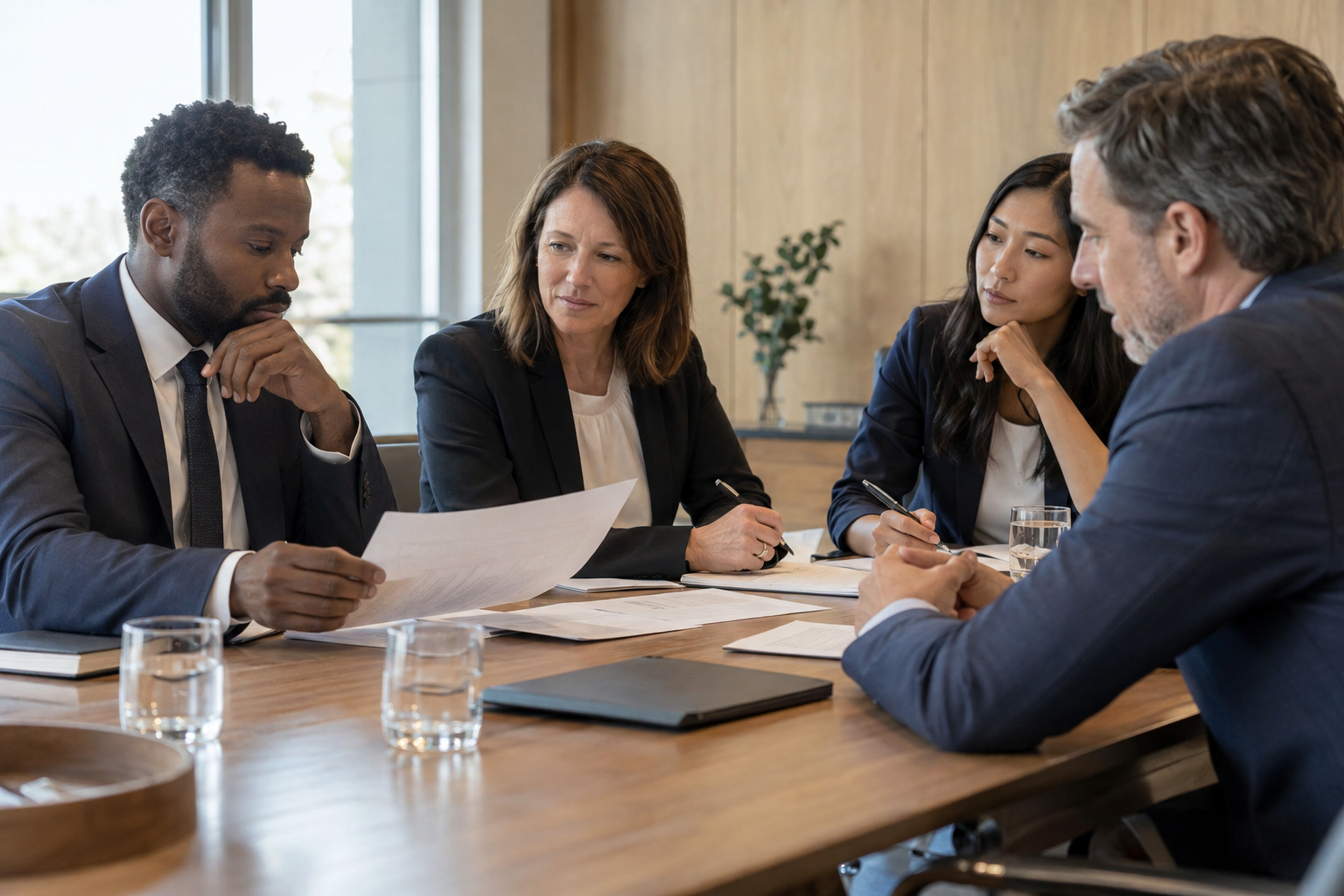 In a quietly refined boardroom with pale timber paneling, four diverse colleagues from finance, legal, HR and operations review a thin set of printed documents,