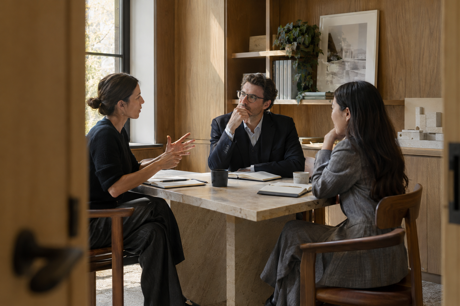 In a contemporary architecture practice’s oak-lined project room, a studio director and two colleagues discuss upcoming leave and project coverage around a smal