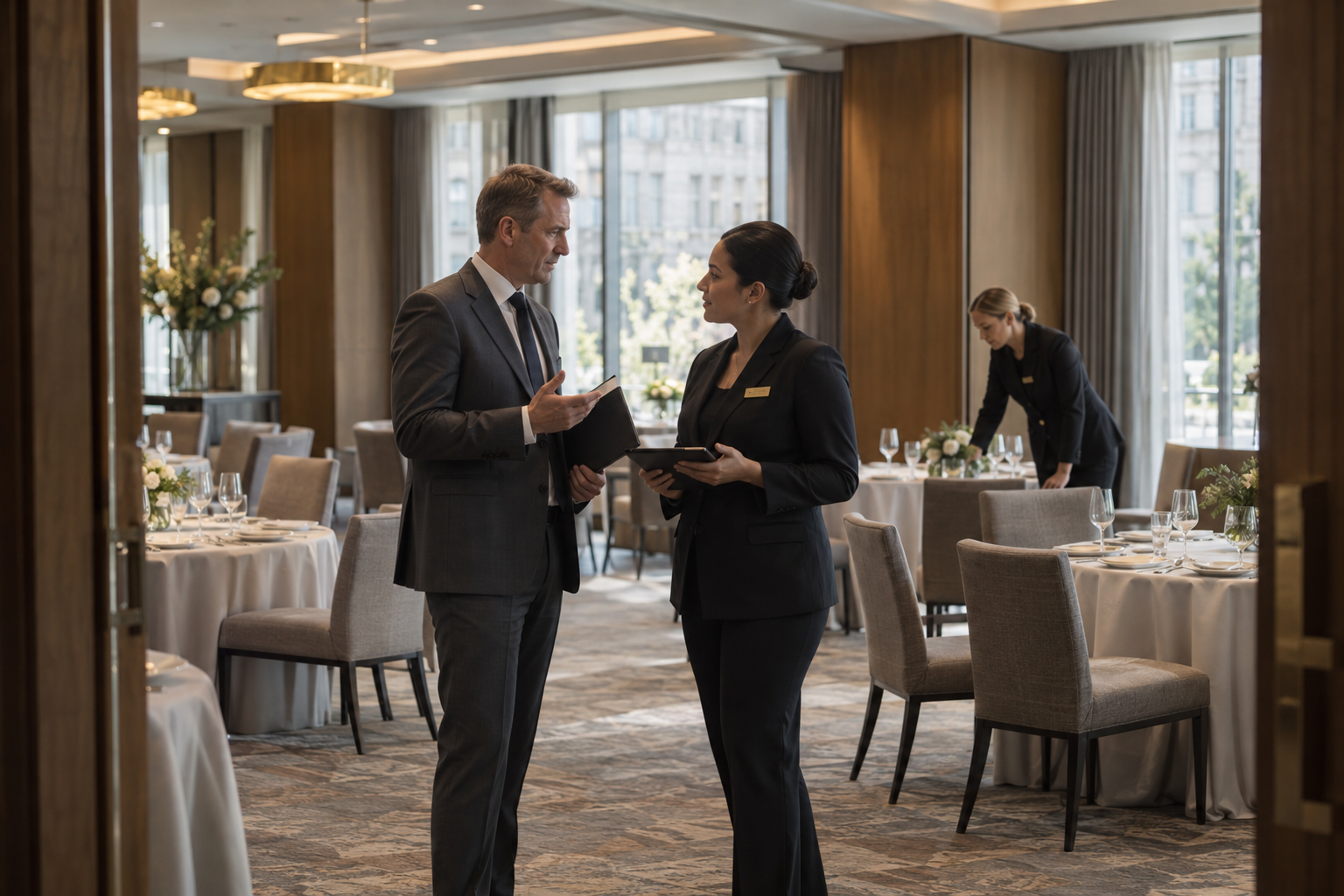 Inside a contemporary hotel’s quietly elegant event space, a banquet director in a tailored charcoal suit confers with a catering manager while a colleague chec