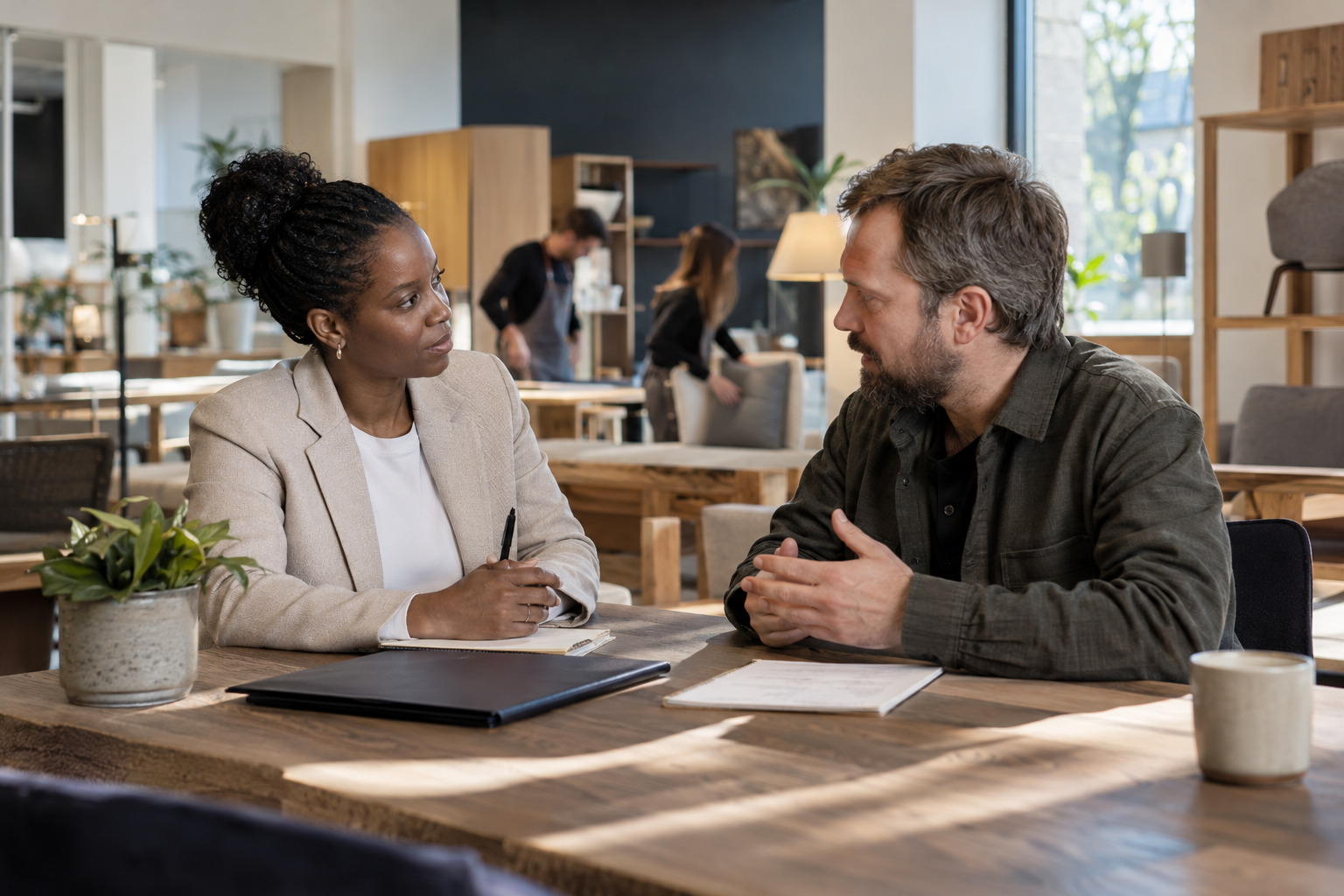 Inside a small premium furniture company’s bright showroom, a Black female owner and a white male workshop supervisor hold a brief post-hire review at an oak me
