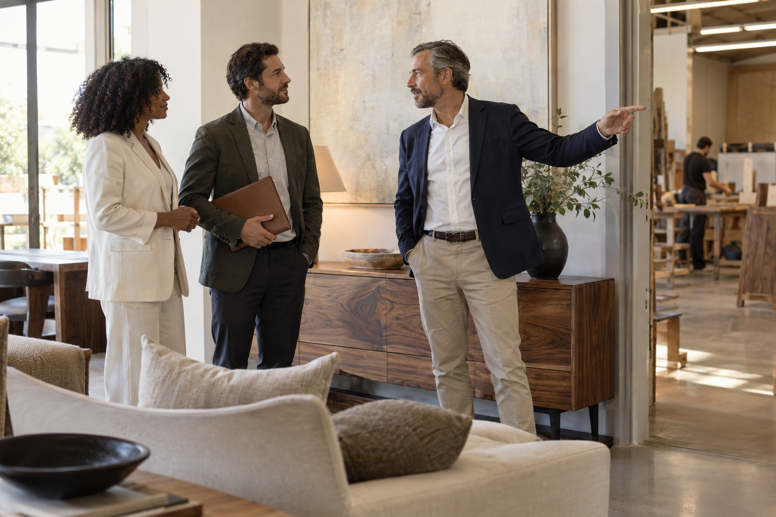 Inside a boutique furniture company’s sunlit showroom, three diverse small-business leaders in tailored contemporary attire clarify responsibilities during a re
